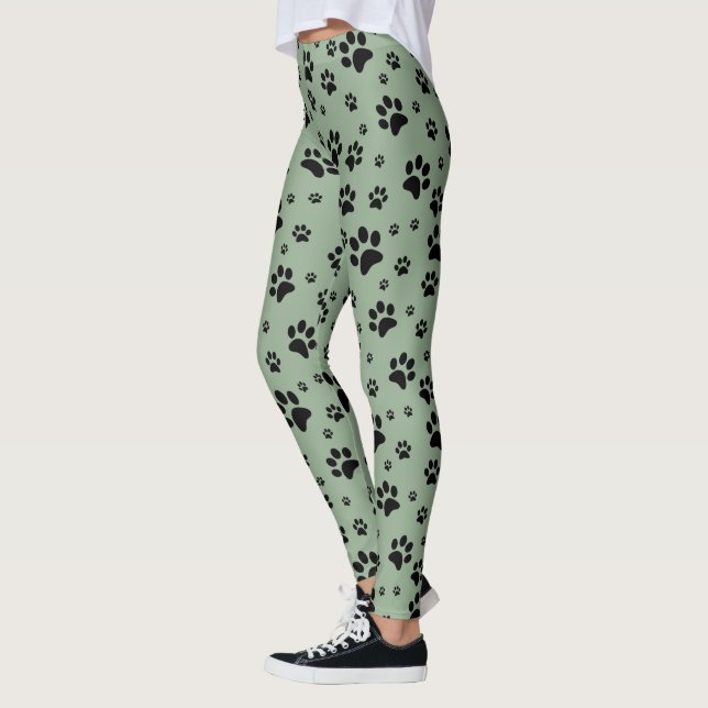 Cute Roligt Black på Sage Grönt Tass avtryck Leggings (Vänster)