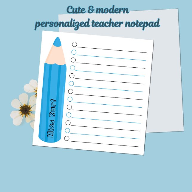 Cute Roligt Blue Pencil Lining Personlig Lärare Anteckningsblock (Modern Chic Fun Blue Pencil Personalized Teacher Appreciation Notepads)
