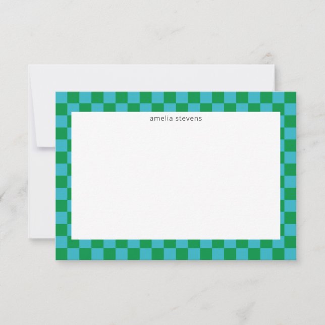 Cute Roligt Checkerboard Blue Grönt Geometric Namn Tack Kort (Framsida)