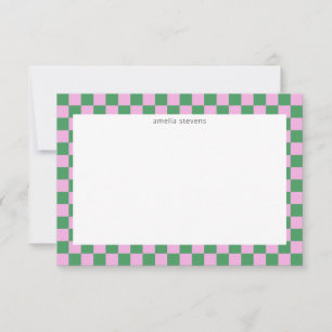Cute Roligt Checkerboard Rosa Grönt Geometric Namn Tack Kort