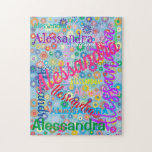 Cute Roligt Girly Colorful Blommigt Namn Collage Pussel<br><div class="desc">Roligtens pussel är perfekt i dagar när du sitter fast i den. Den gigantiska designen har färgstarka blommor på blå bakgrund med namn i en mängd olika typsnitt och storlekar som är lika stora och riktade.</div>