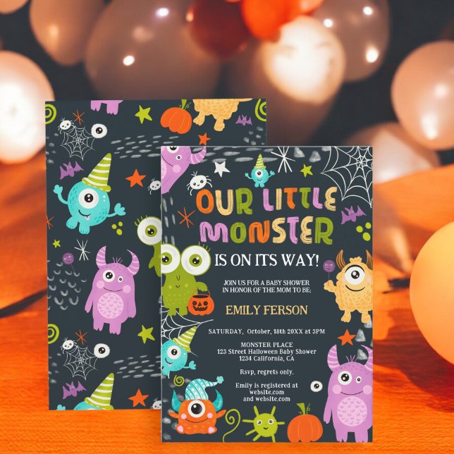 Cute roligt Halloween, lilla monsterbabydusch Inbjudningar (Cute fun Halloween little monster baby shower Invitation)