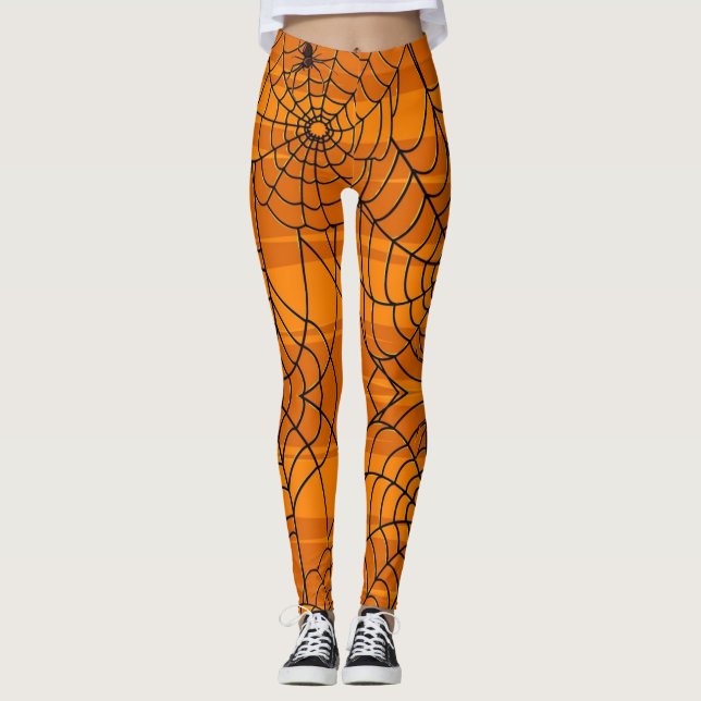 Cute Roligt Halloween-Spindelnätet Svart och Orang Leggings (Framsida)