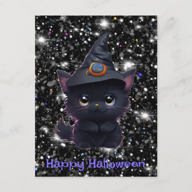 Cute roligt Halloween svart katt Vykort (Framsida)