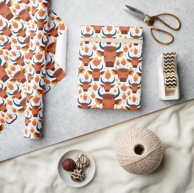 Cute Roligt Highland Cow Ansikte Mönster Presentpapper (Hantverk)