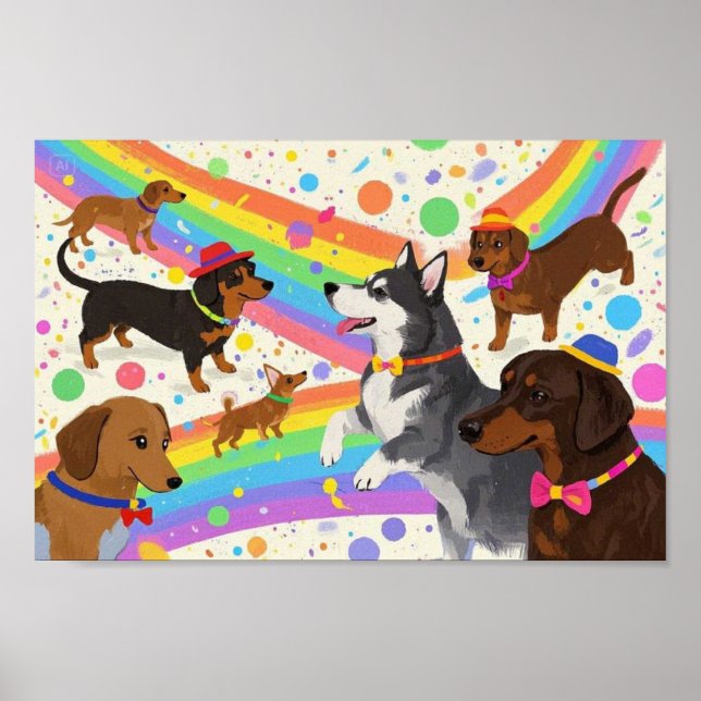 Cute roligt hundar med regnbåge poster (Framsidan)