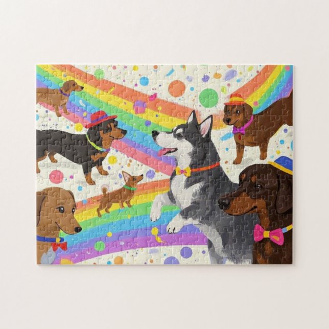 Cute roligt hundar med regnbåge pussel (Horisontell)