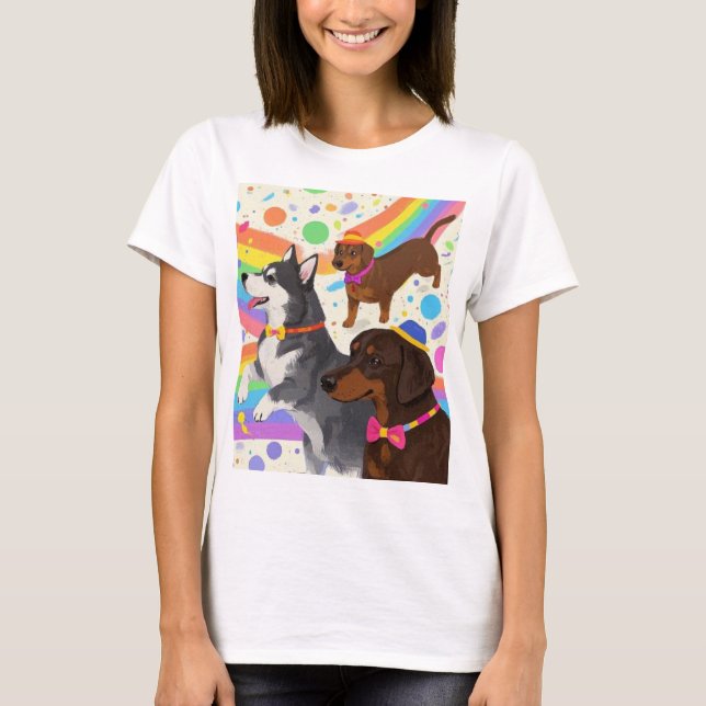 Cute roligt hundar med regnbåge t shirt (Framsida)