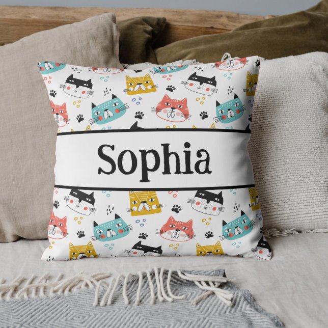 Cute roligt-katter, mönster-barn kudde (funny cat pattern kids pillow with name)