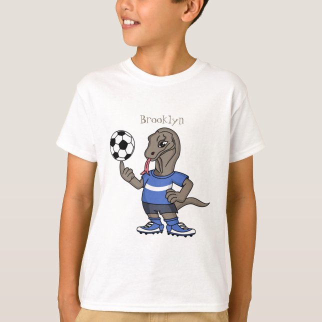 Cute roligt Komodo draon spelar fotboll tecknad T Shirt (Framsida)