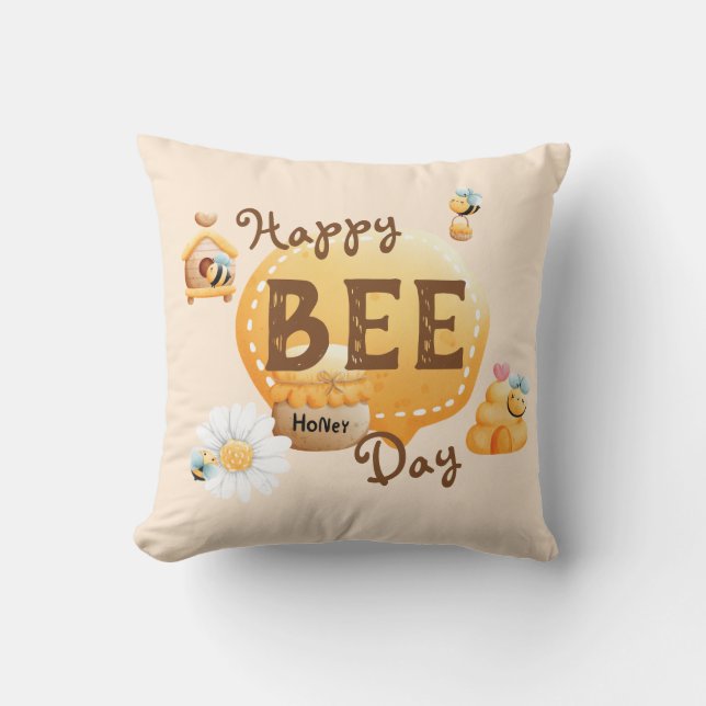 Cute Roligt Lycklig Bee Day Birthday Kudde (Framsida)
