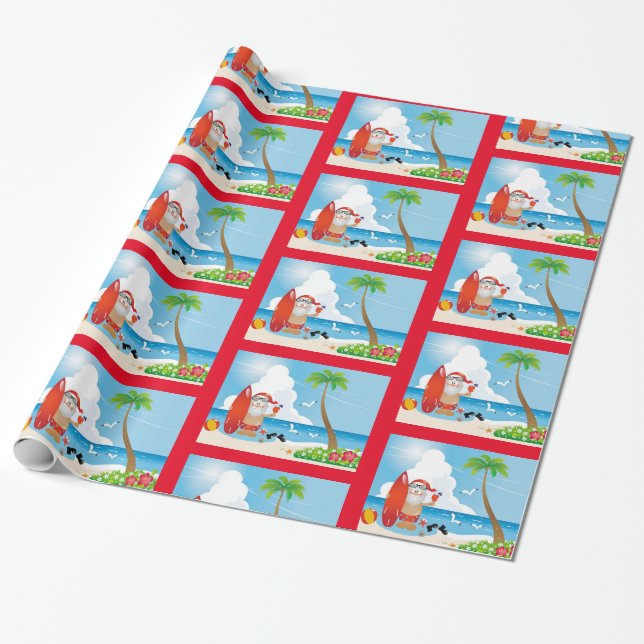 Cute Roligt Modern Beach Santa Design Mönster Presentpapper (Utrullad)