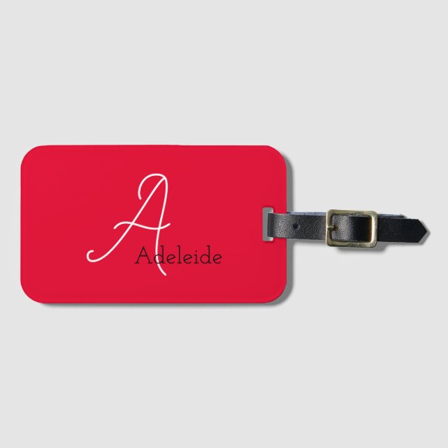 Cute Roligt Modern Girly Red Monogramme Bagagebricka (Framsida horisontal)