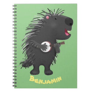 Cute roligt porcupine spelar banjo tecknad anteckningsbok