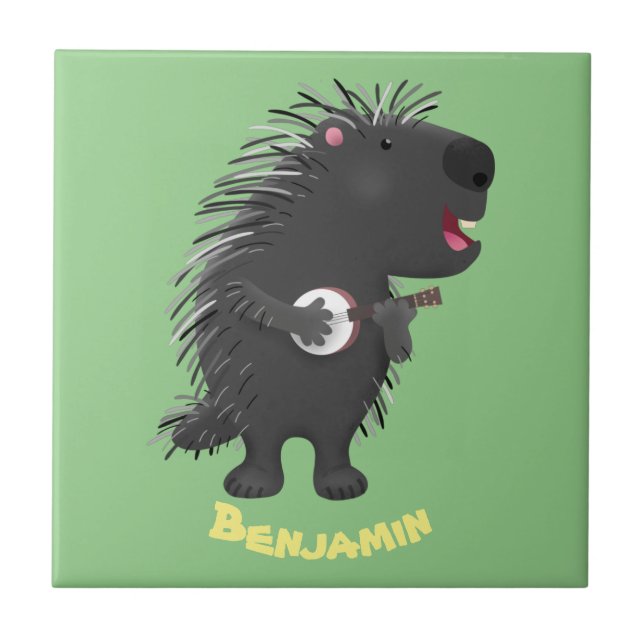 Cute roligt porcupine spelar banjo tecknad kakelplatta (Framsidan)