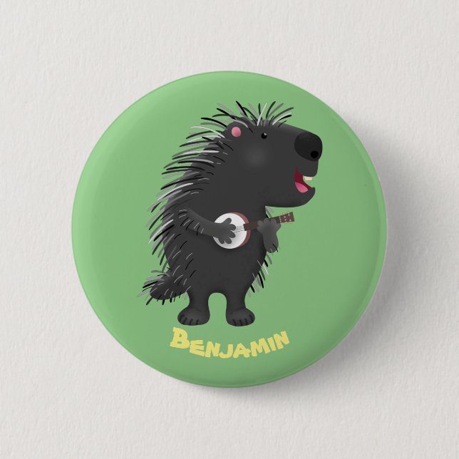 Cute roligt porcupine spelar banjo tecknad knapp (Framsida)