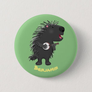 Cute roligt porcupine spelar banjo tecknad knapp