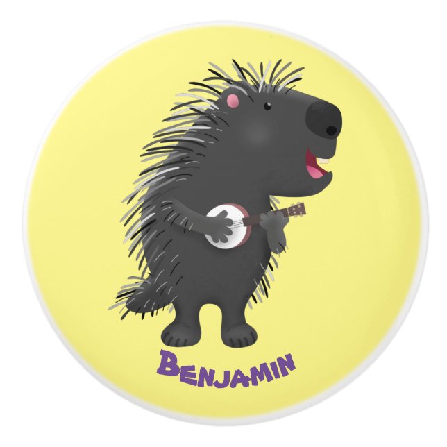 Cute roligt porcupine spelar banjo tecknad knopp (Framsidan)