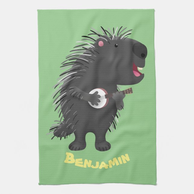 Cute roligt porcupine spelar banjo tecknad kökshandduk (Vertikal)