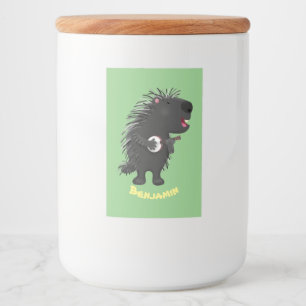 Cute roligt porcupine spelar banjo tecknad mat etikett
