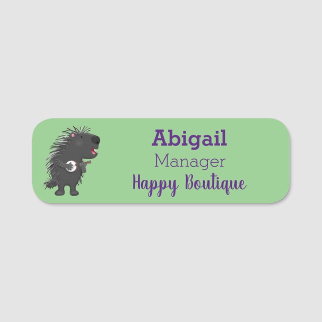 Cute roligt porcupine spelar banjo tecknad namnbricka (Framsida)