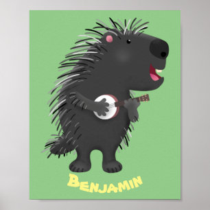 Cute roligt porcupine spelar banjo tecknad poster