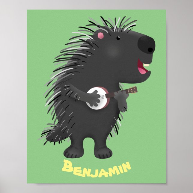 Cute roligt porcupine spelar banjo tecknad poster (Framsidan)