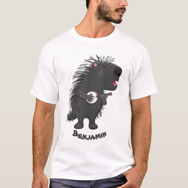 Cute roligt porcupine spelar banjo tecknad t shirt (Framsida)