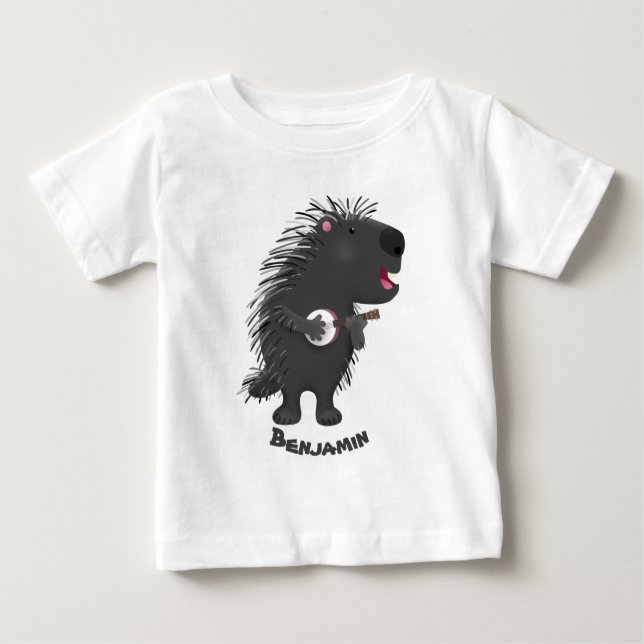 Cute roligt porcupine spelar banjo tecknad t shirt (Framsida)
