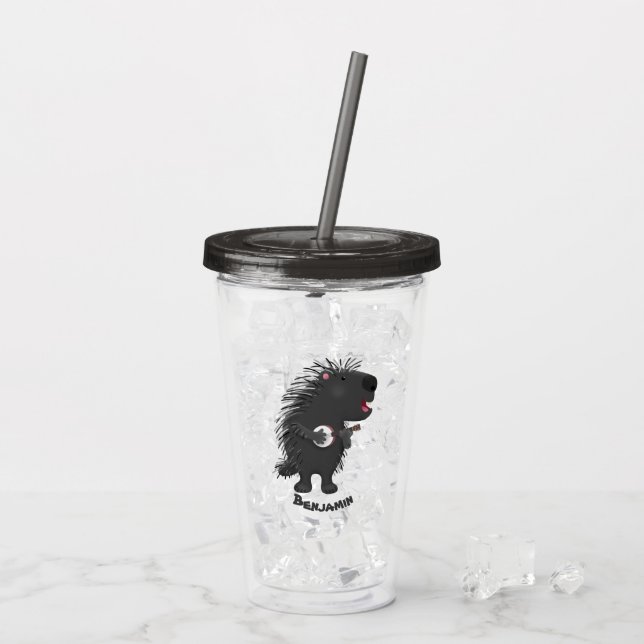 Cute roligt porcupine spelar banjo tecknad take away mugg (Baksida Ice)