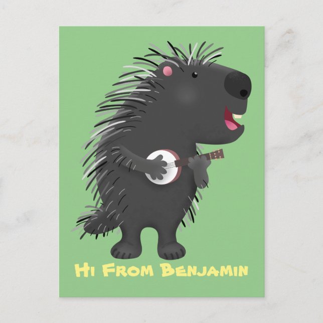 Cute roligt porcupine spelar banjo tecknad vykort (Framsida)