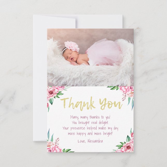 Cute Roligt Rosa Guld Blommigt  Birthday Photo Tack Kort (Framsida)