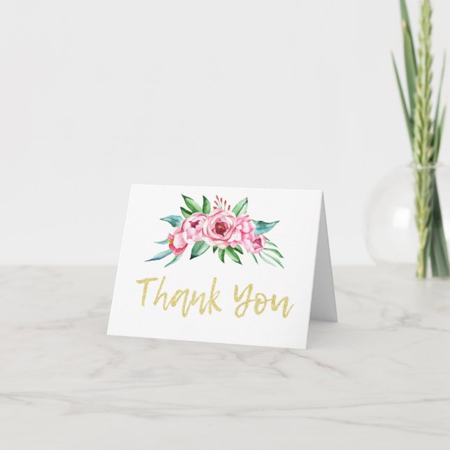 Cute Roligt Rosa Guld Blommigt  Första födelsedag  Tack Kort (Framsida)