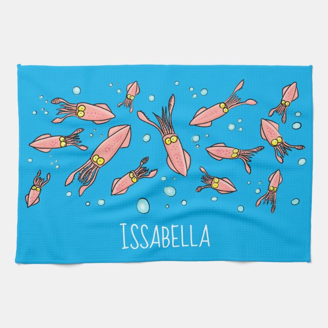 Cute roligt rosa Squid tecknad mönster Kökshandduk (Horisontell)
