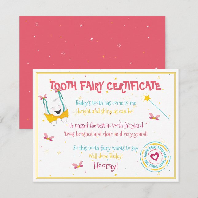 Cute Roligt Tooth Fairy Certificate Peach Färg Pop Anteckningskort (Fram/baksida)