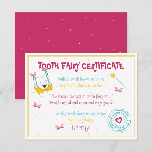 Cute Roligt Tooth Fairy Certificate Rosa Färg Anteckningskort (Fram/baksida)