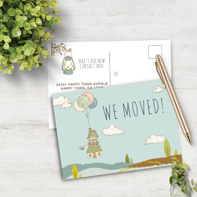 Cute Roligt vi Flyttat | Ballonghus Meddelande Vykort (Cute Fun We Moved | Balloon House Announcement Postcard)