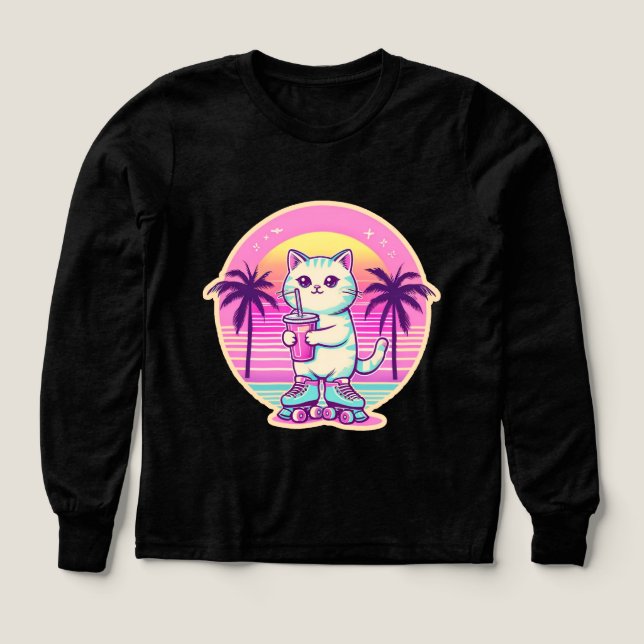 Cute Roller Skating Cat - Retro Neon Sunset Summer T Shirt (Design framsida)
