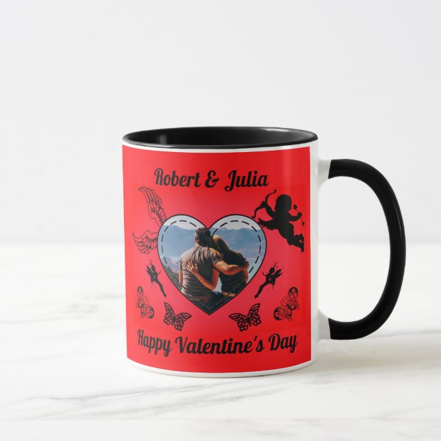 Cute Romance Cupid Photo Red Heart Valentines Day Mugg (Höger)
