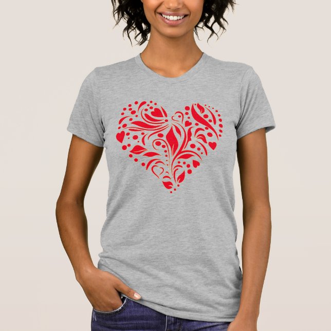 Cute Romantic Abstrakt Heart Design Red Grått T Shirt (Framsida)