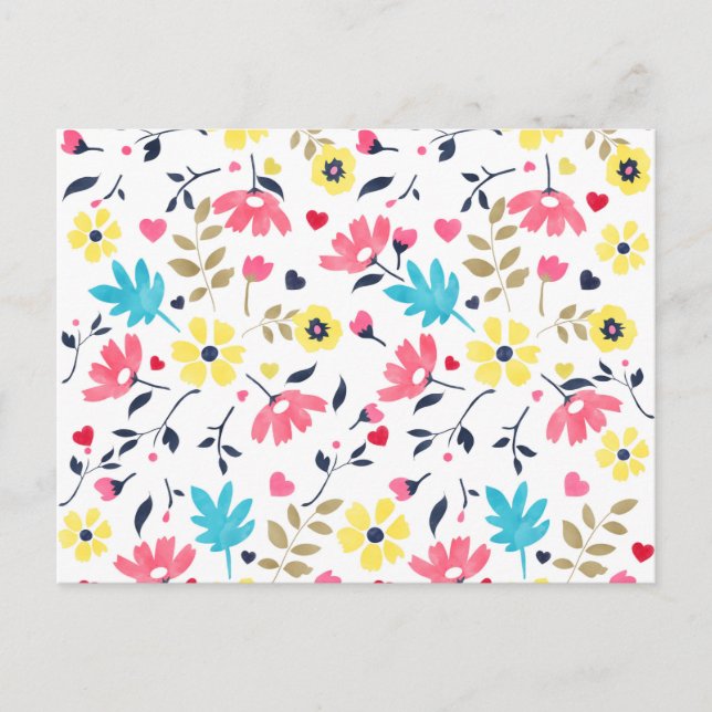 Cute romantic blommors hjärtan vattenfärgsfärg vykort (Framsida)