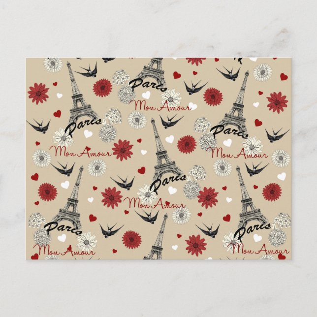 Cute romantic Eiffel Torn, hjärtan, blommor Vykort (Framsida)