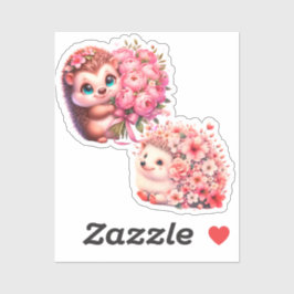 Cute Romantic Floral Hedgehog Duo Illustration Klistermärken