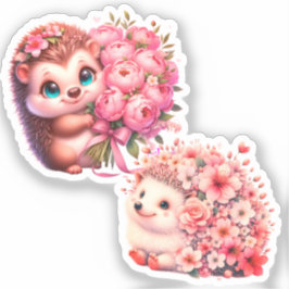  Cute Romantic Floral Hedgehog Duo Illustration Klistermärken