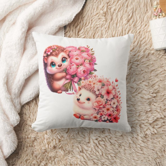  Cute Romantic Floral Hedgehog Duo Illustration Kudde (Filt)