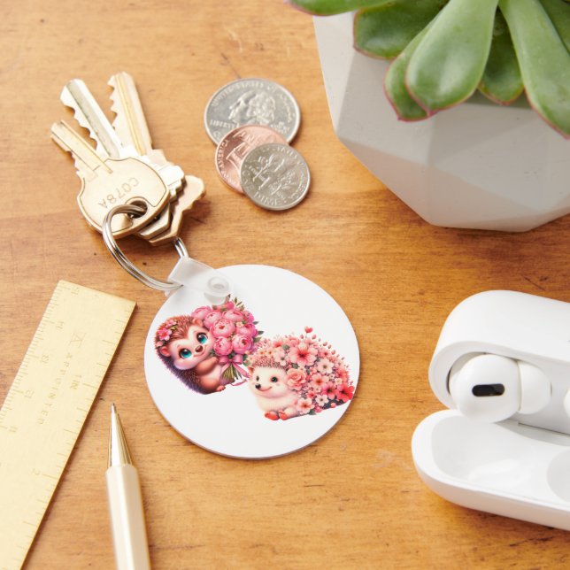  Cute Romantic Floral Hedgehog Duo Illustration Nyckelring (Skrivbord)