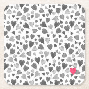 Cute romantic grått rosa hand plockade hjärta underlägg papper kvadrat