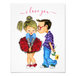 Cute Romantic lite kyss med text - jag Kärlek du Fototryck