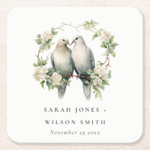 Cute Romantic Love birds Botaniskt utandningsskydd Underlägg Papper Kvadrat