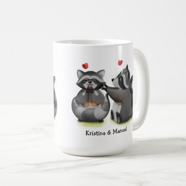 Cute Romantic Tecknad Raccoon Couple Coffee Mugg (Framsida höger)